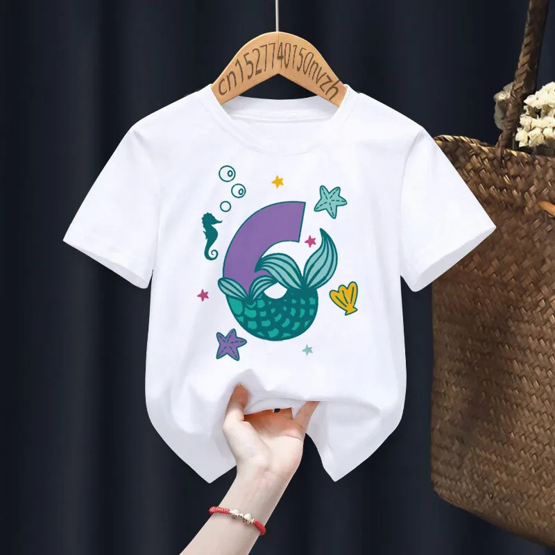 Mermaid Birthday number 1-6th Print Boys/Girls White T-shirt Kid Summer Harajuku Kawaii Funny Little Baby Y2K Clothes,Drop Ship