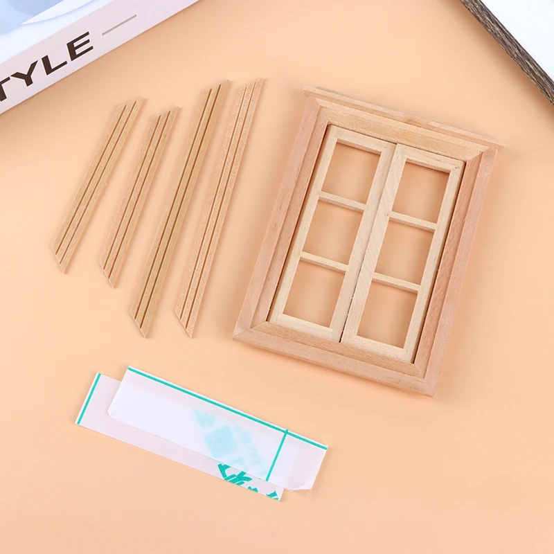 1 conjunto 1:12 casa de bonecas em miniatura sem pintura moldura da janela 6 painéis de janela móveis modelo decoração brinquedo casa boneca acessórios