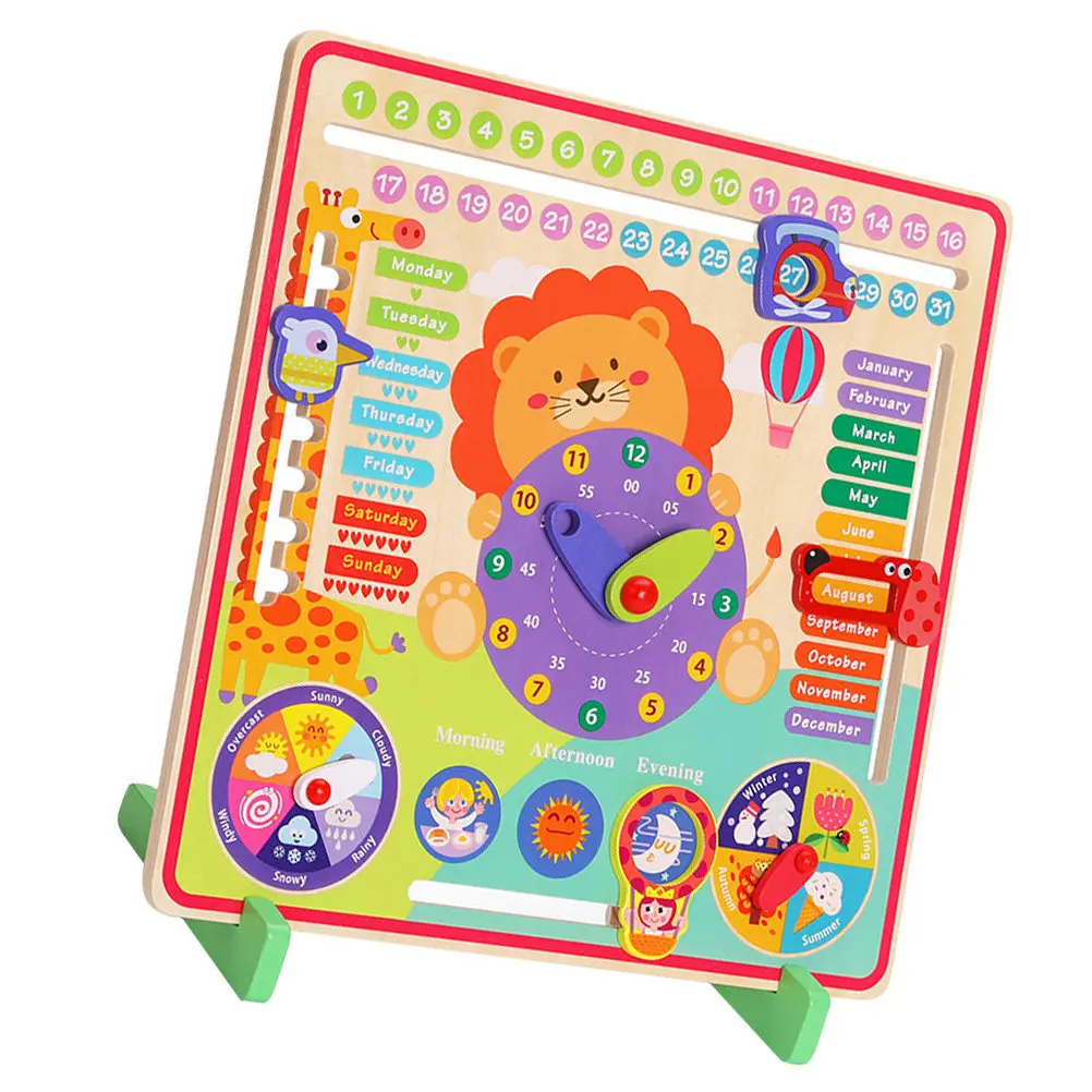 1Set Multifunctional Kids Wooden Clock Early Learning Educational Month Week Weather Sorting Cognitive Development Interactive