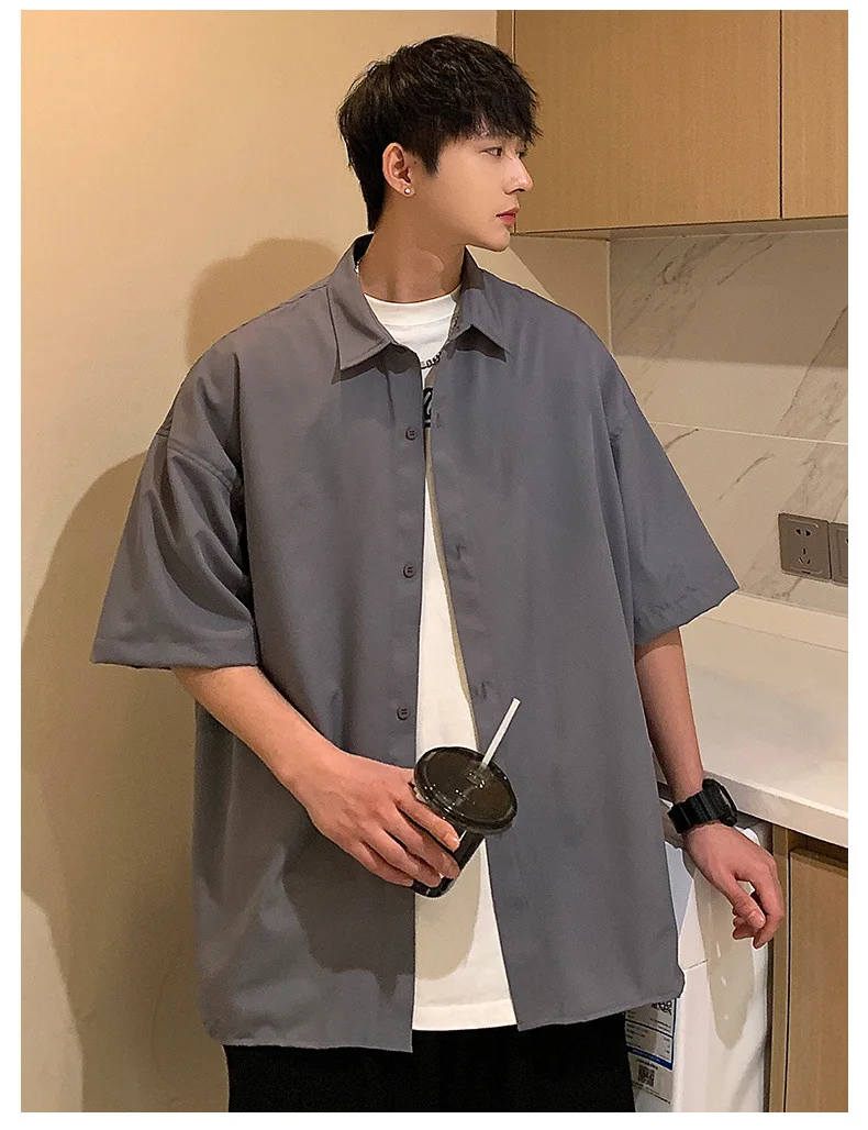 

Japanese Solid Color Loose Casual Short Sleeved Shirt for Men Summer Korean Fashion Thin Harajuku Minimalist Shirt Coat Y2k