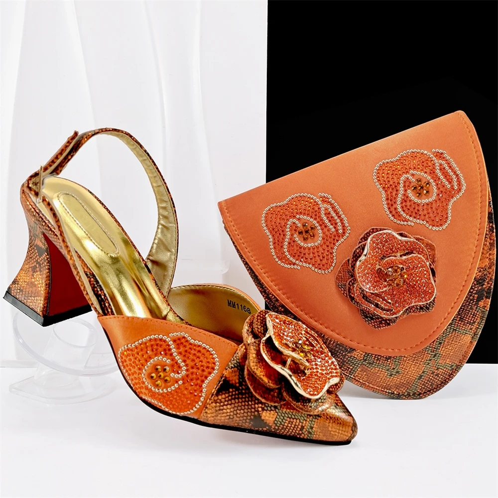 

Итальянский дизайн Оранжевого цвета Обувь и сумка в тон Африканские туфли-лодочки Обувь и сумка Комплект для вечеринки Нигерийская женская модная обувь