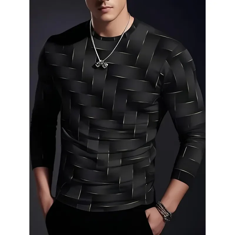3D Printed Casual Long Sleeve Men's T Shirt 2026 Black Geometric Grid Pattern Breathable Sports Top Gym Hiking Comfort Fit