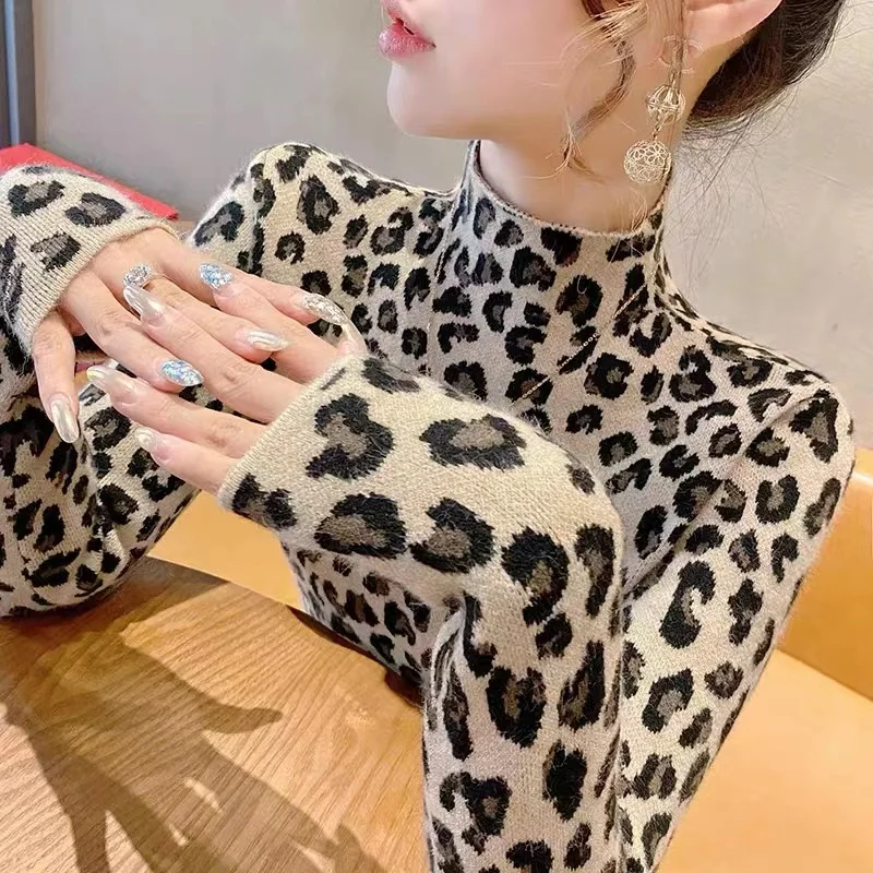 Autumn Winter Fashion All-match Leopard Print Sweaters Women Clothing Elegant Slim Half High Collar Long Sleeve Pullover Y2k Top