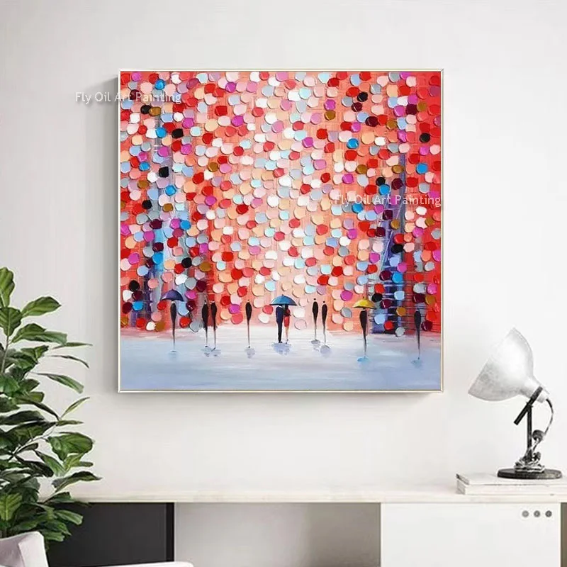 Hand Painted People With Umbrella Canvas Art Colorful Point Abstract Thick Oil Painting Modern Landscape Wall Art For Home Decor
