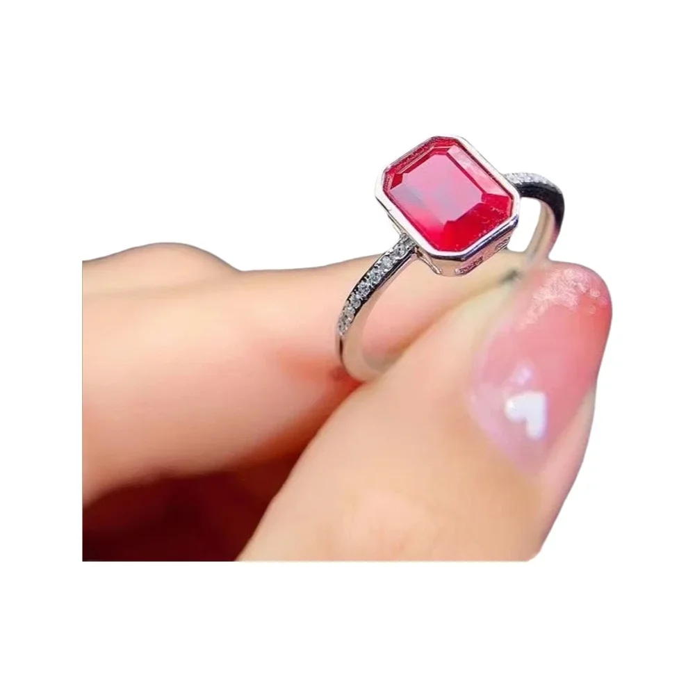 

KJJEAXCMY-925 Sterling Silver Adjustable Ring with Natural Gemstone, Rectangle Ruby Ring, Fine Jewelry, Popular and Elegant