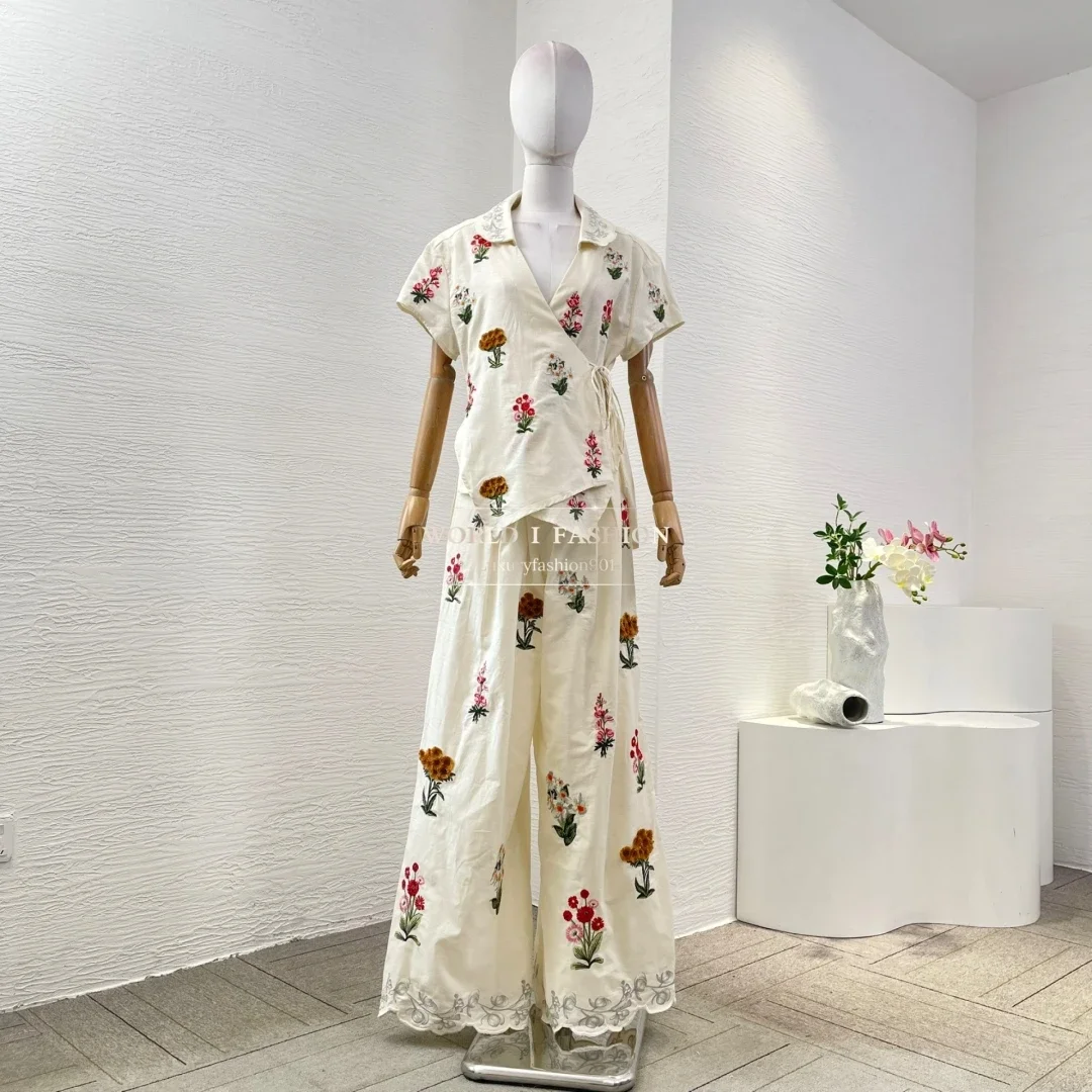 

Beige Short Sleeve Embroidery Floral Blouse and Pants Set 2025