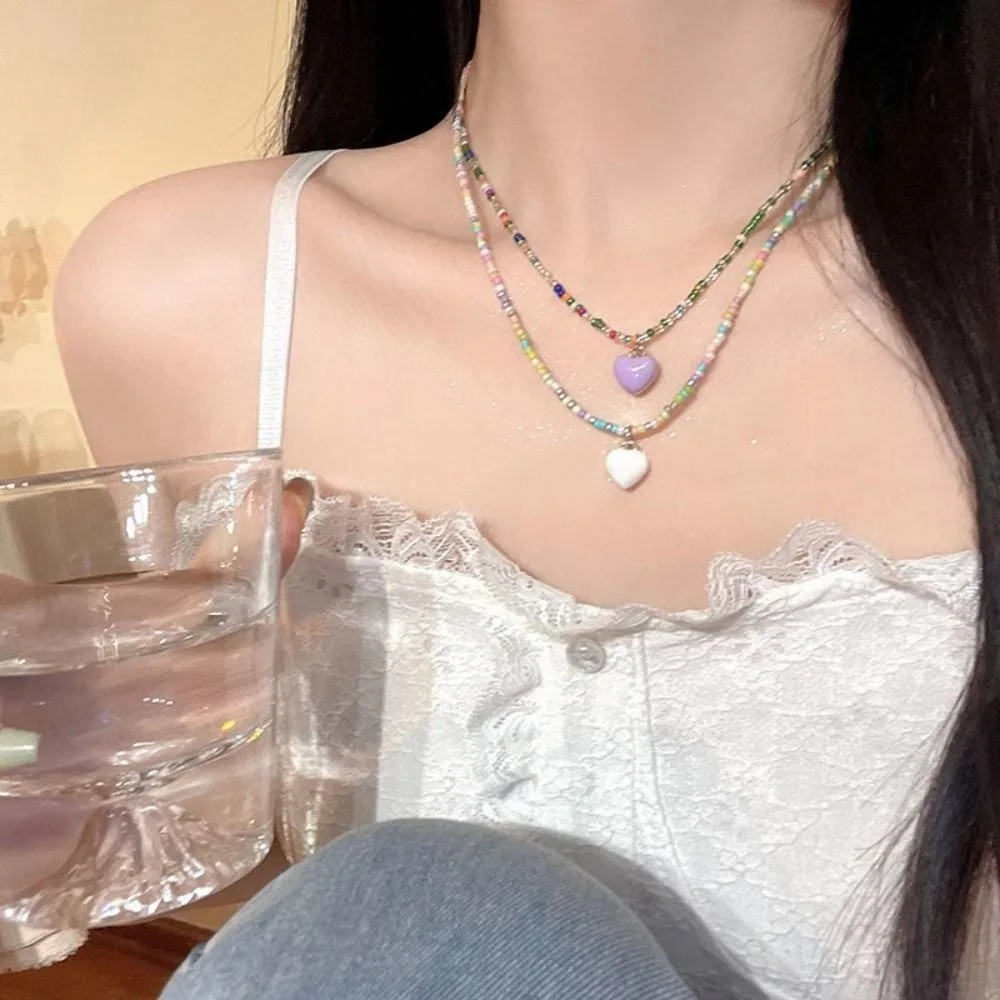 Cute Dopamine Beads Chain Necklace Adjustable Beach Bohemian Clavicle Necklace Coloful Heart Pendant Choker Travel Vocation