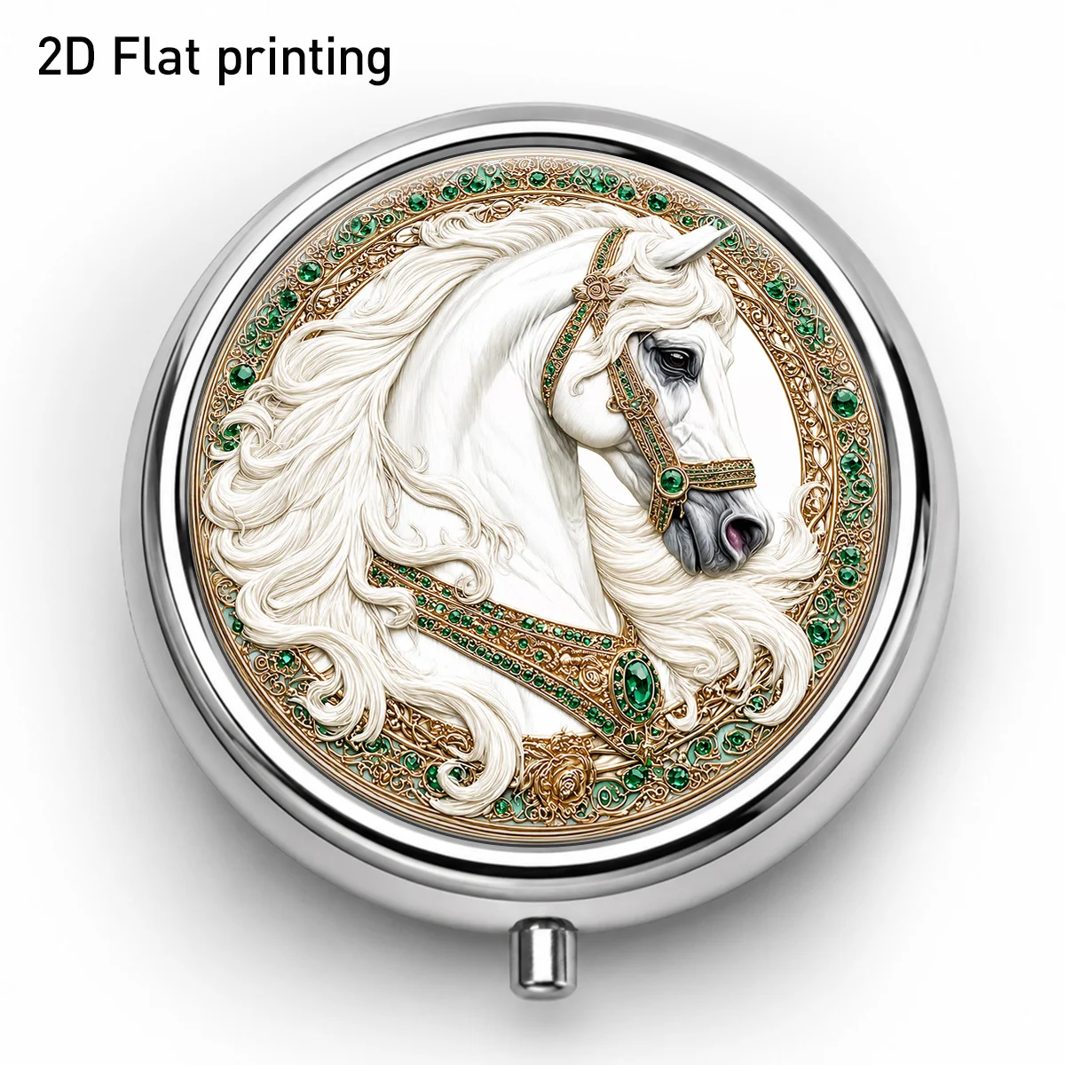 Single pack, flat print, round small box with white horse and emerald floral pattern, three-compartment portable storage box, small-sized organizer for small items, suitable for small items, supplements, medicines, and vitamins, elegant animal art design
