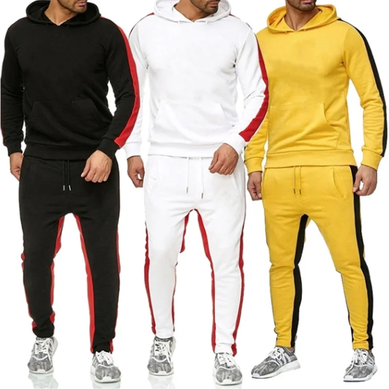 

2 Pieces Sets Tracksuit Men New Brand Autumn Winter Hooded Sweatshirt +Drawstring Pants Male Stripe Patchwork Hoodies Bigsweety