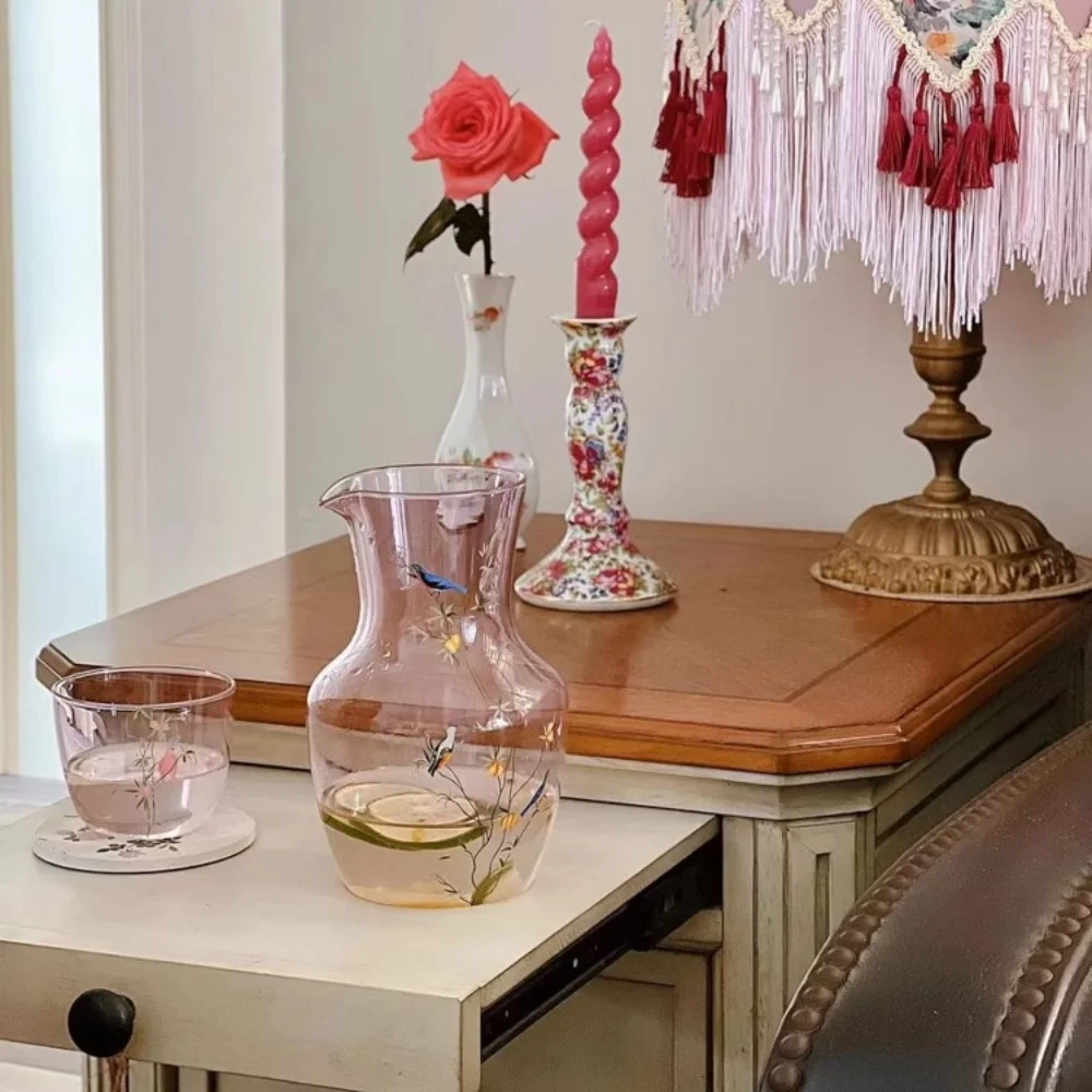 Bedside Water Carafe and Glass Set,Kingfisher Pattern Water Pitcher with 2 Cup for Nightstand Home Decor