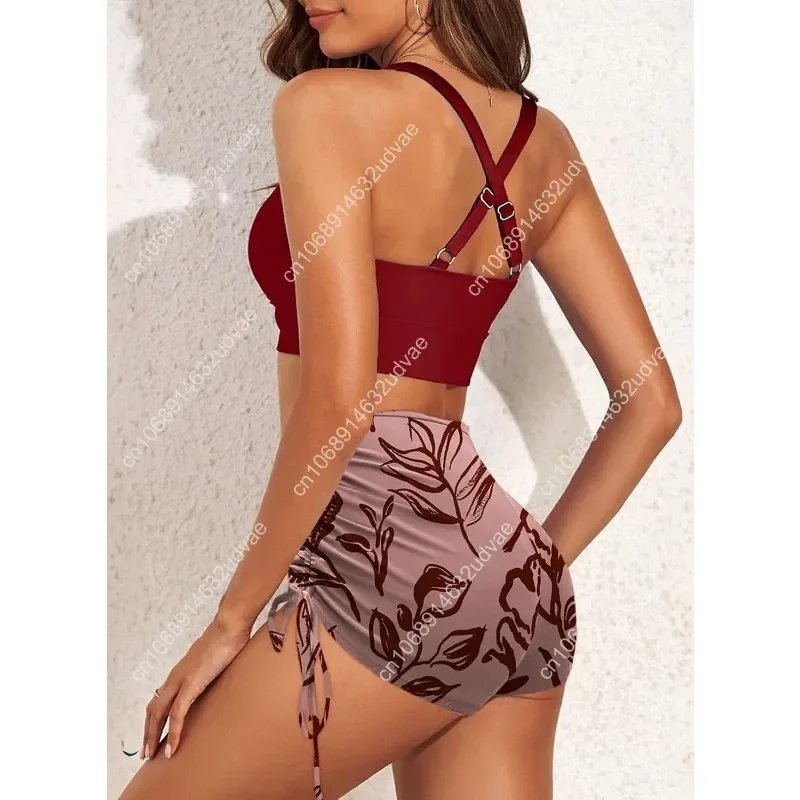 Herseas Women's Floral Print Drawstring Boyshorts Swimsuits Criss Cross Top Bikini Sets High Waisted Two Pieces Bathing Suits
