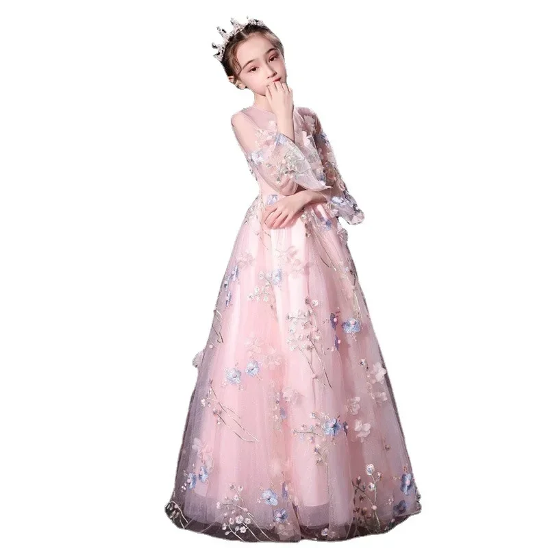 ดอกไม้ 2024 เด็กใหม่สีชมพู Big Boy Princess Fluffy Long Walk Show Performance Dress