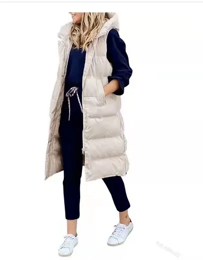 Solid color hooded long cotton jacket vest casual fashion single breasted sleeveless jacket for women