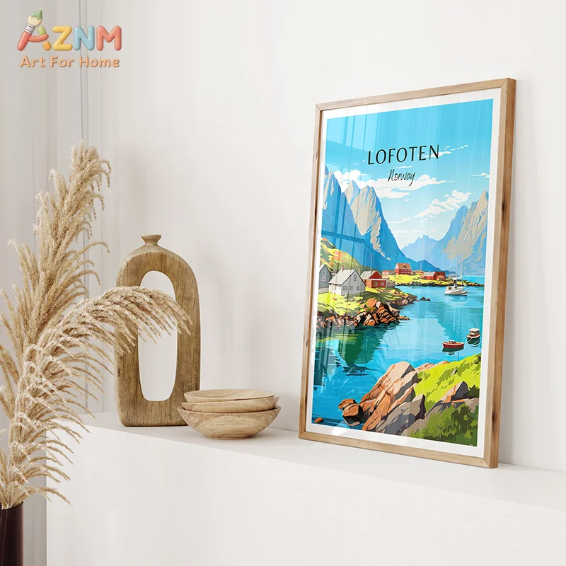 AZNM Vibrant Norway Fjord City Travel Canvas Poster, Frameless Bergen Lofoten Coastal Mountain Scenery Wall Art For Nordic Style