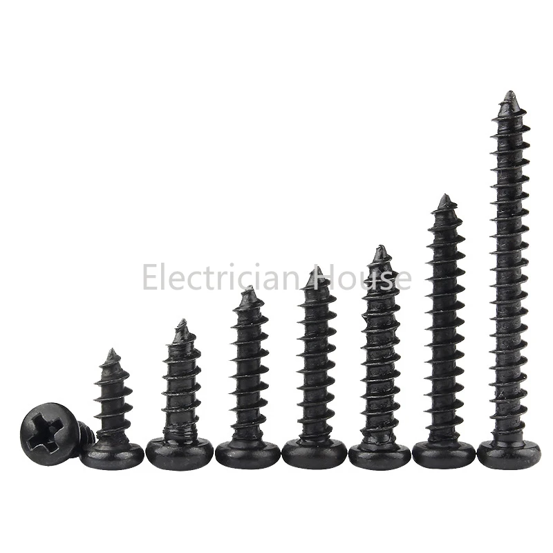 100 pcs/lot Cross Round Head Phillips Self-tapping Screw M1 M1.2 M1.4 M1.5 M1.7 M2 M2.3 M2.6 M3 M3.5 M4 M5 Black Carbon Steel