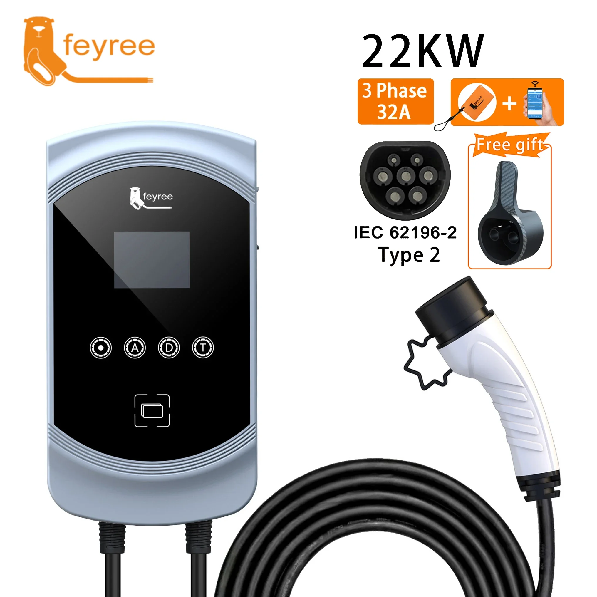 feyree EV Charger 32A 22KW 3Phase 11KW 16A Electric Car Charger EVSE Wallbox 7.6KW 32A Type2 Cable IEC62196-2 Socket APP Control