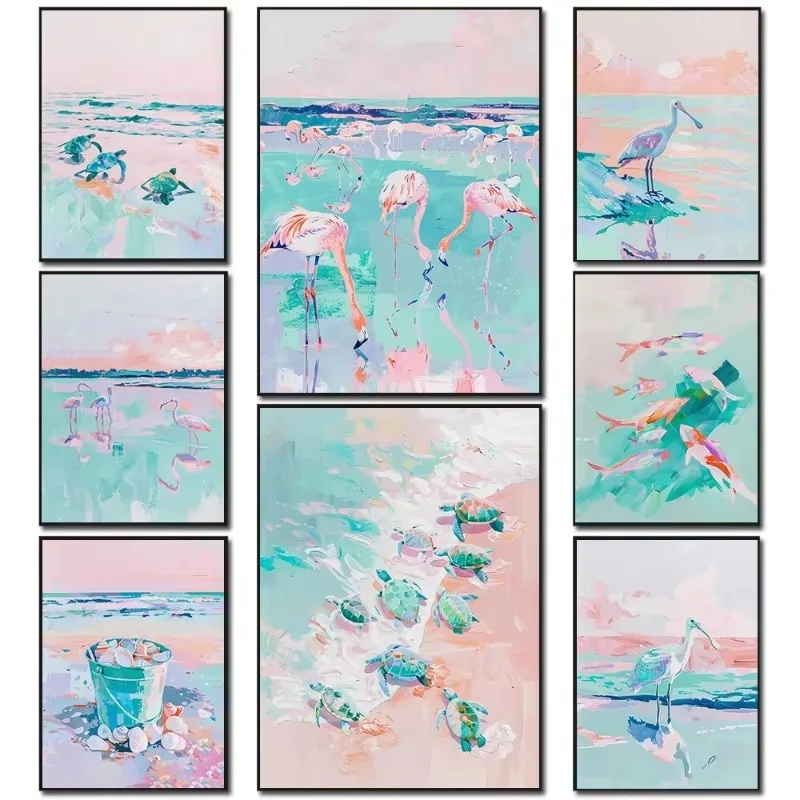 Pastel Sea Shell Coastal Beach Art Poster Tropical Flamingo Shark Canvas Painting Colorful Impressionist Wall Decor for Home
