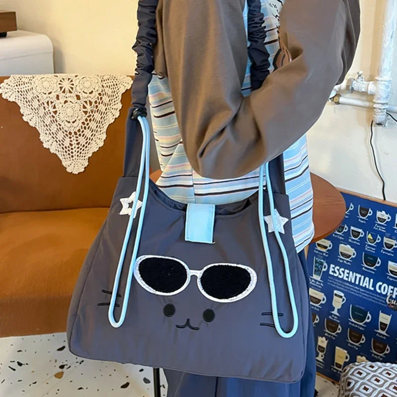 

HAEX Y2K Women Tote Bags 2025 Kawaii Embroidered Cat Crossbody Shoulder Bag Casual Nylon Drawstring Hobos Y2K Bolso Mujer