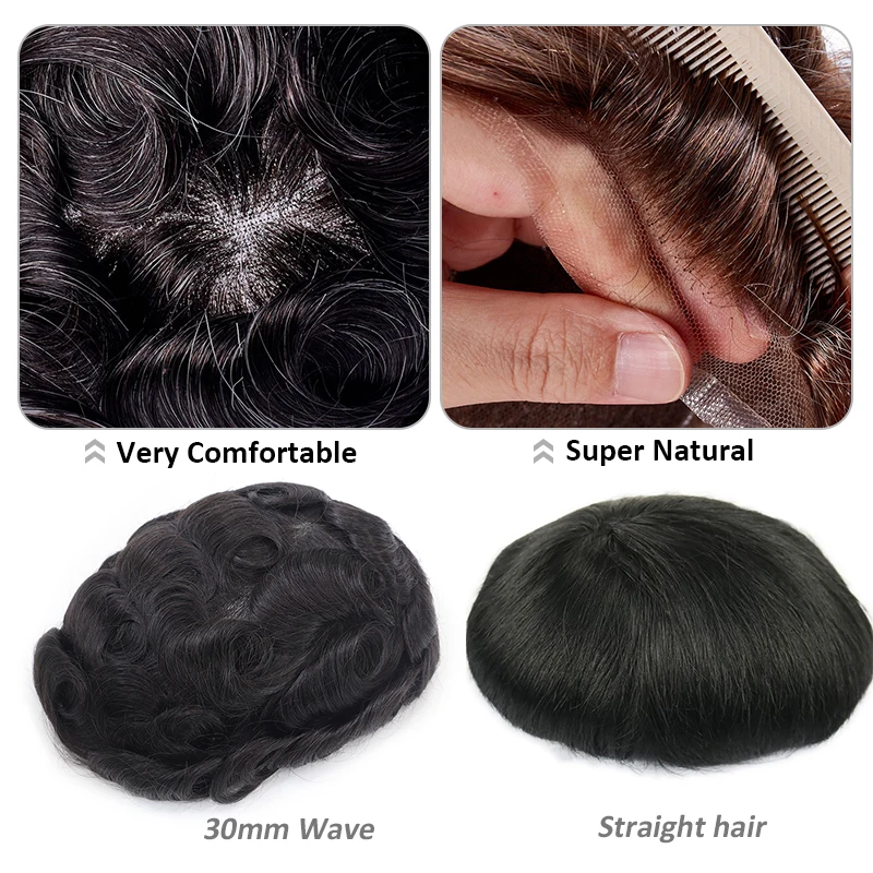 Toupee Men Natural Human Hair Wig Thin Skin Full PU0.04-0.06cm Indian Human Hairpiece Wave Straight Hair System Replacement 110%