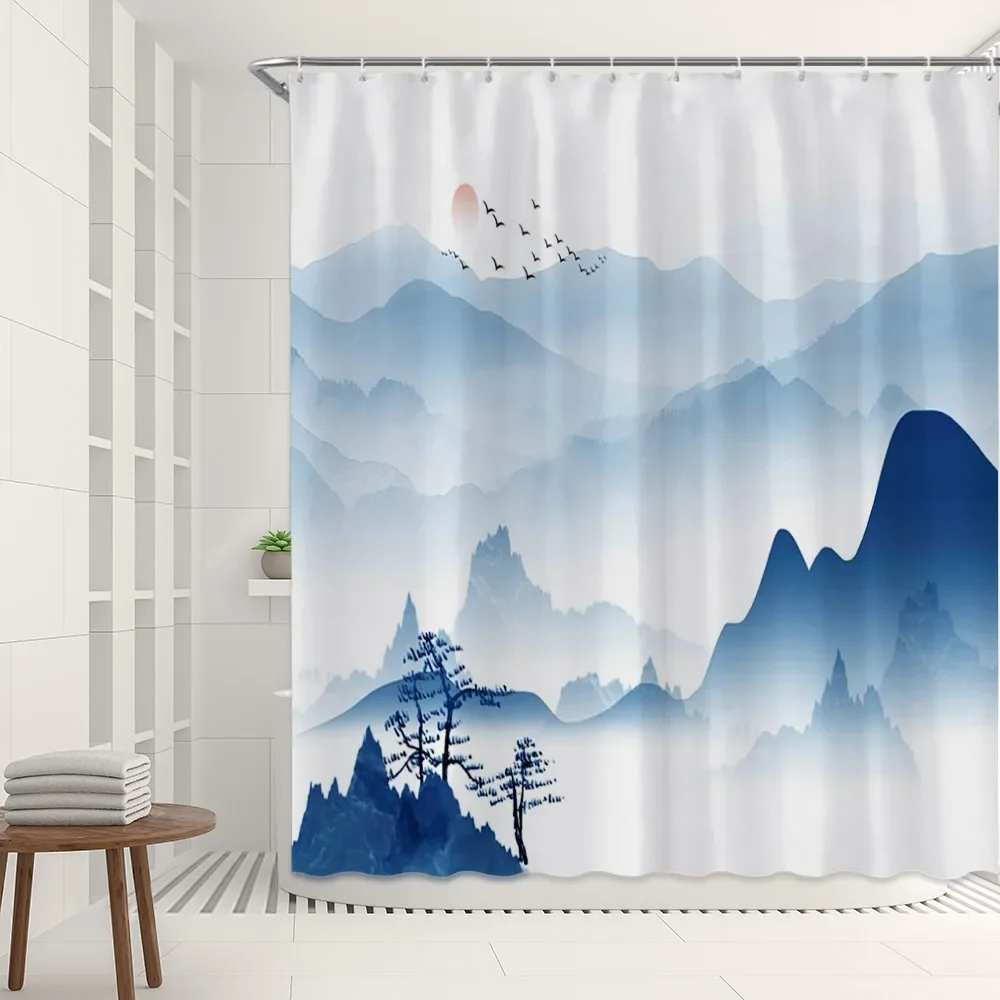 Chinese Style Painting Shower Curtain Birds and Flowers Koi Goldfish Fishing Boat Landscape Natural Landscape Home Bath Curtain