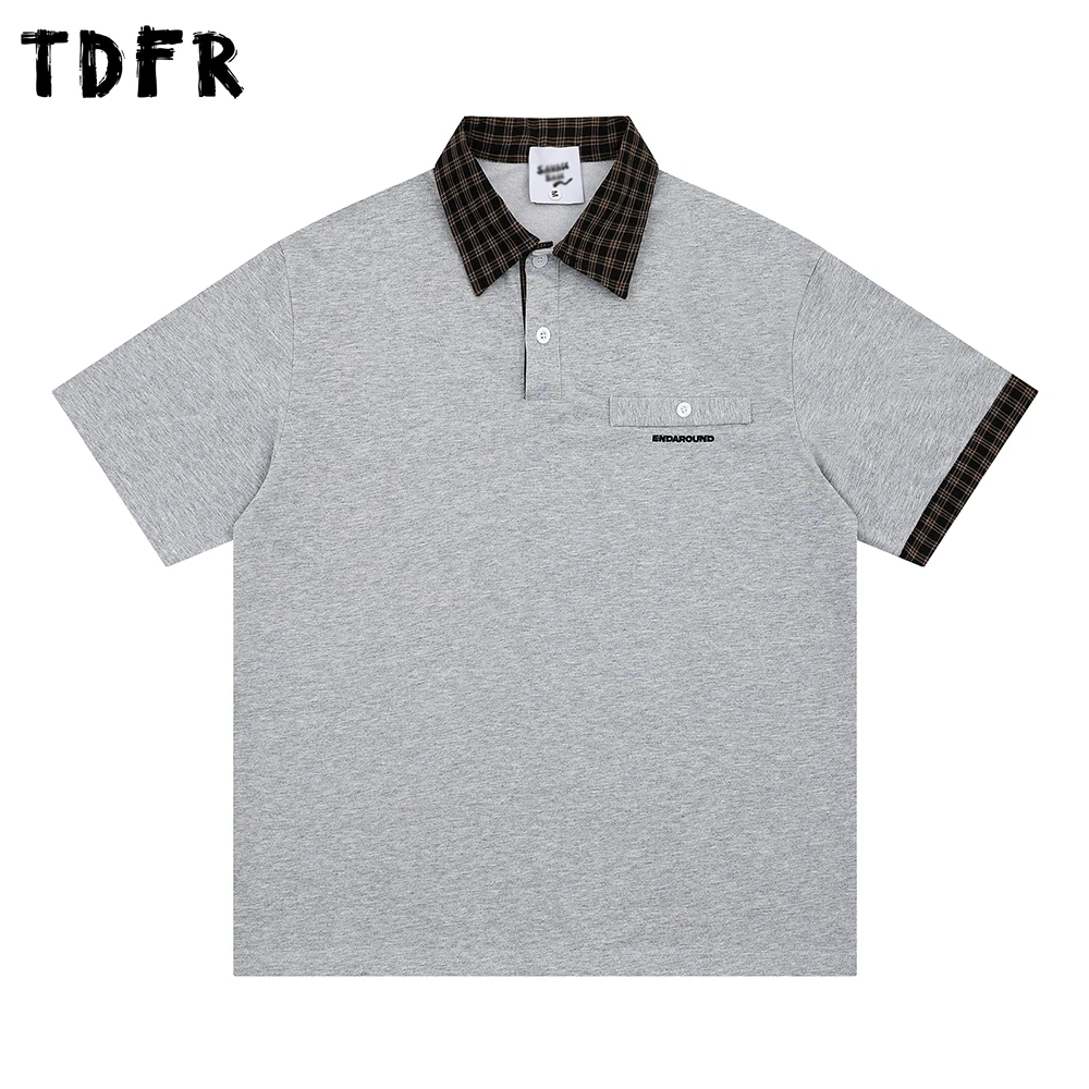 

Plaid Patchwork Short Sleeve Polo Shirts Mens Summer Retro Loose Half-Sleeve Lapel Tee Man Tops