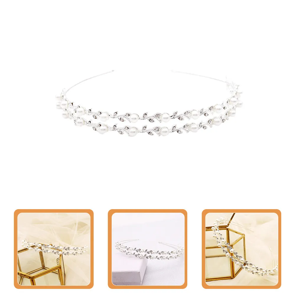 

Sturdy Flexible Pearl Rhinestone Leaf Design Headband Wedding Bridal Hair Accessory Silver Metal Hair Hoop for Bride Bridesmaids