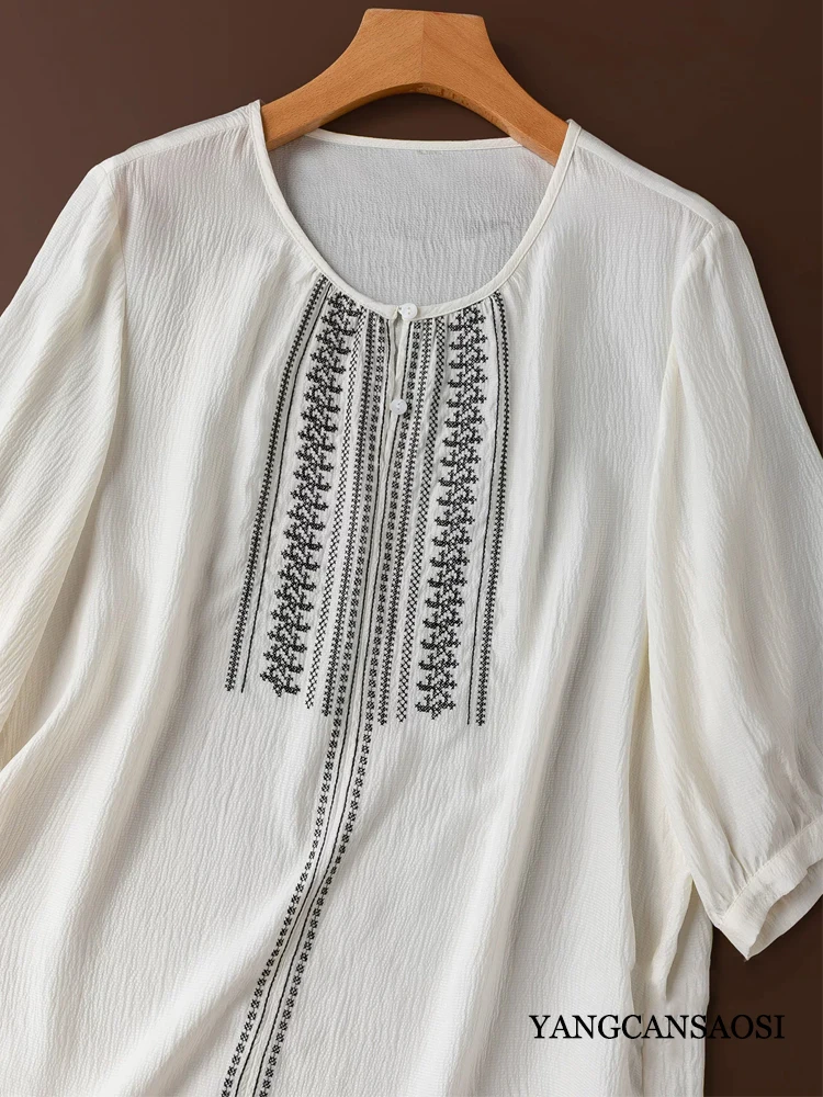 2026 Women's Casual New Skin Friendly 100% Natural Mulberry Silk Pearl Satin Vacation Style Loose Embroidered Round Neck T-shirt