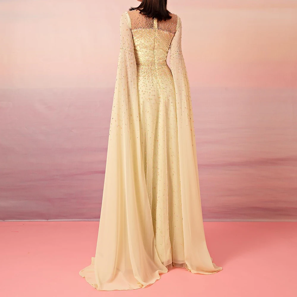 Luxury Crystal Chiffon A-Line Evening Dress High Quality Floor Length Crew neck Long Sleeves فساتين سهره نسائيه فخمة