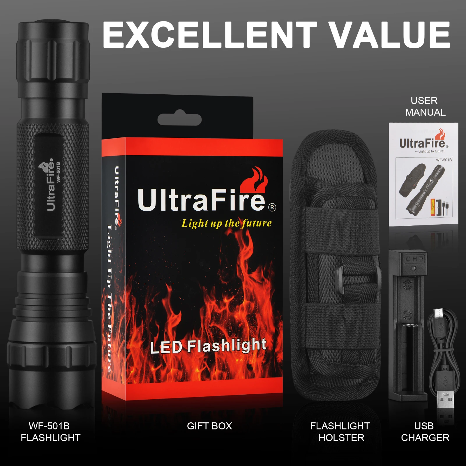 UltraFire WF-501B LED Tactical Police Flashlight 1200LM Military Torch with Duty Belt Holster Rechargeable Battery and Charger