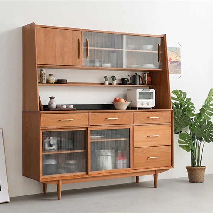 

Nordic solid wood dining side cabinet, living room wine cabinet, Japanese glass door tea cabinet, simple kitchen cupboard storag