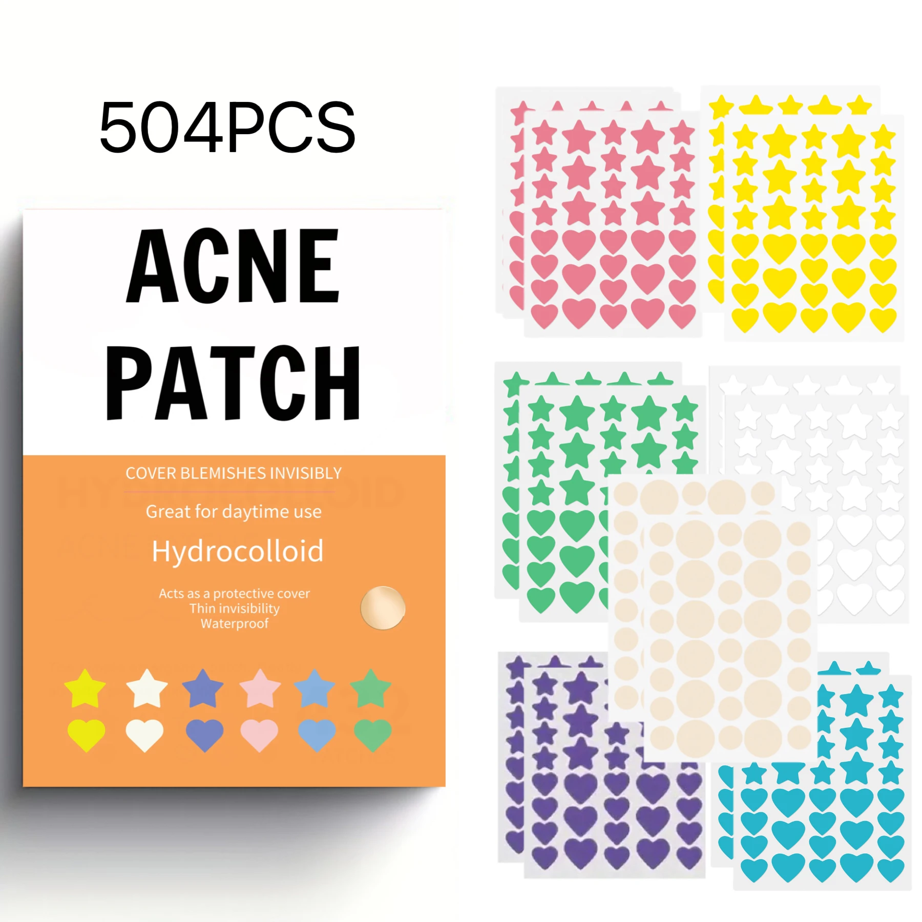 Patchs anti-acné Warm Orange Box 504 pièces, couvre-taches hydrocolloïdes multicolores à triple forme