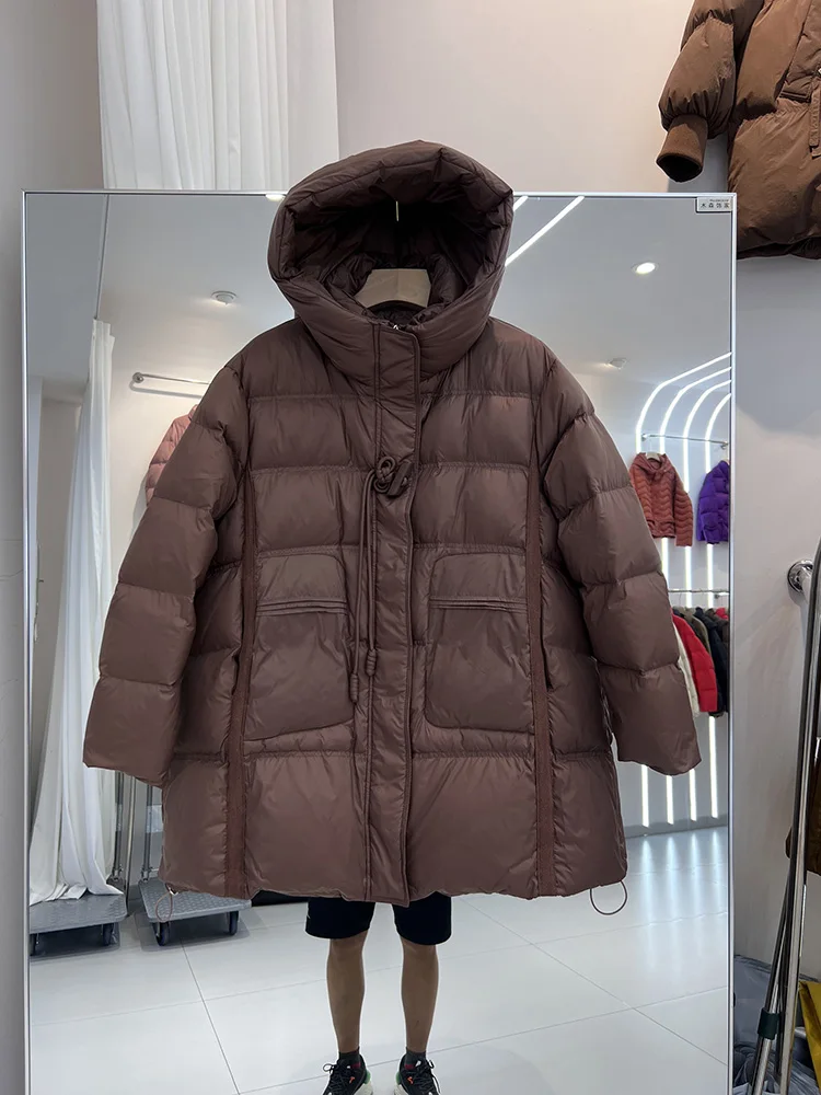 Korean version fashion design sense casual hooded down jacket women medium to long style loose white duck down jacket