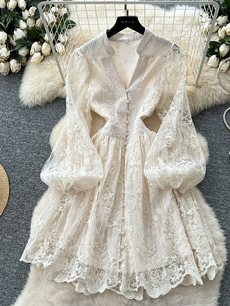 

Spring Autumn Women's Fashion High-end Dress New Lace Embroidery V-neck Lantern Sleeves Single Breasted Party Birthday Dress S59