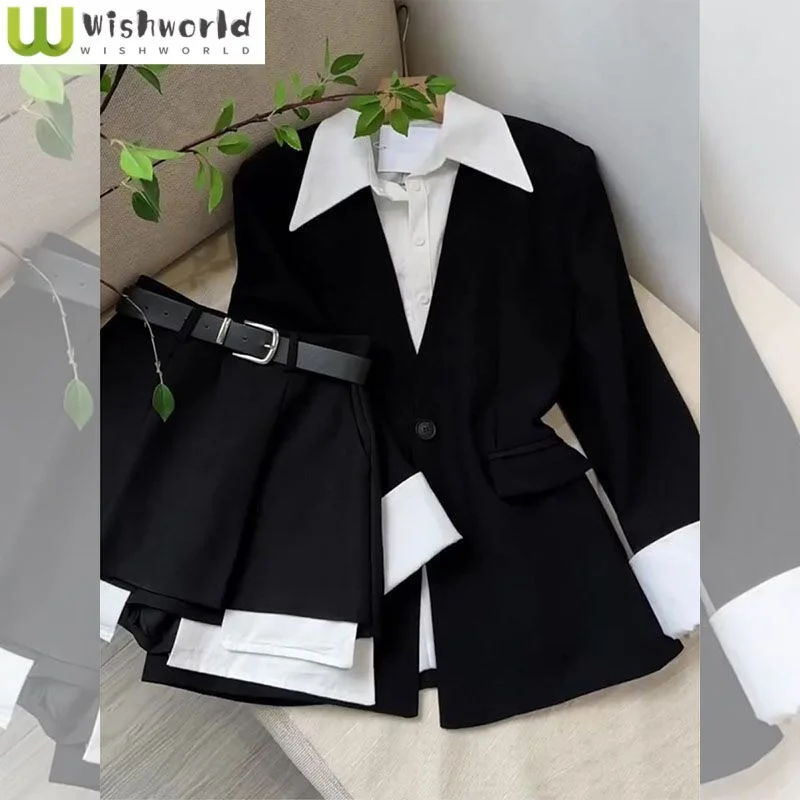 

Korean Style Lapel Patchwork Long Sleeved Shirt Blazer Casual Shorts Two-piece Set Fashionable Women's Shorts Set