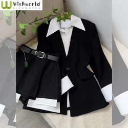 Korean Style Lapel Patchwork Long Sleeved Shirt Blazer Casual Shorts Two-piece Set Fashionable Women's Shorts Set