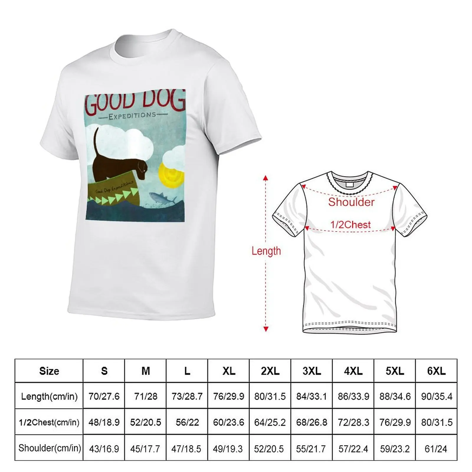Good Dog Expeditions, dog on a lake meeting a fish T-Shirt man tshirt man t shirt cotton high quality t shirt man plain T-shirt