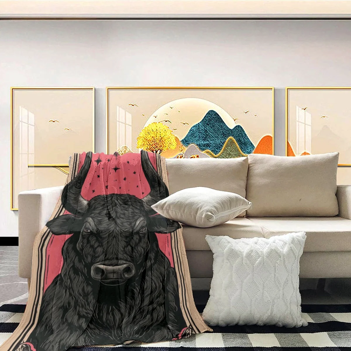 Rustic Bull Head Throw Blanket Vintage Steer Animal Art Throw Cozy Boho Decor Masculine Gift Housewarming Gift
