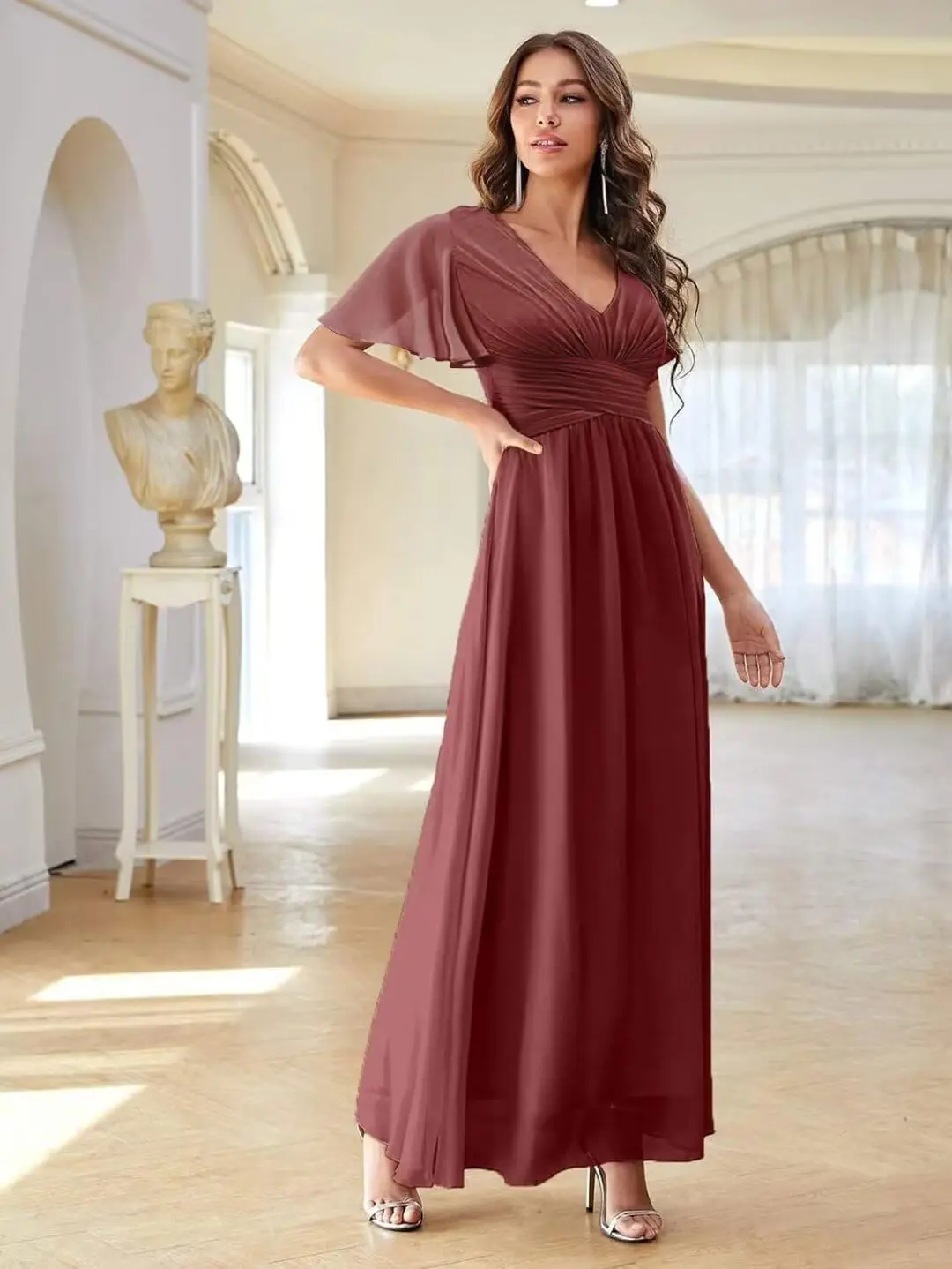 Women's V Neck Flutter Sleeve Bridesmaid Dresses for Wedding Chiffon Formal Evening Gowns Long with Slit Ball Party Gown