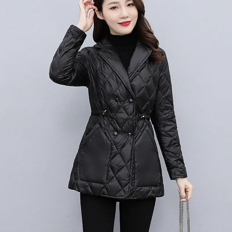 

Winter Drawstring Suit Collar Cotton-Padded Coat Women Warm Thick Quilted Parkas Jakcet Lady Double Breasted Midi Long Outwears