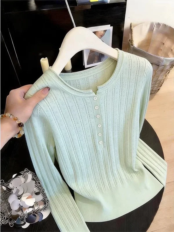 Slimming round Neck Knitted Sweater Korean Style Hollow out Embroidery Design Women's Fashion Soft Polyester Fiber Long Sleev...