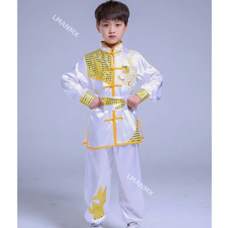 Child Boys Girls Children Chinese Traditional Sequin Dragon Embroidery Wushu Tai Chi Kung Fu Uniforms Stage Performance Outfits