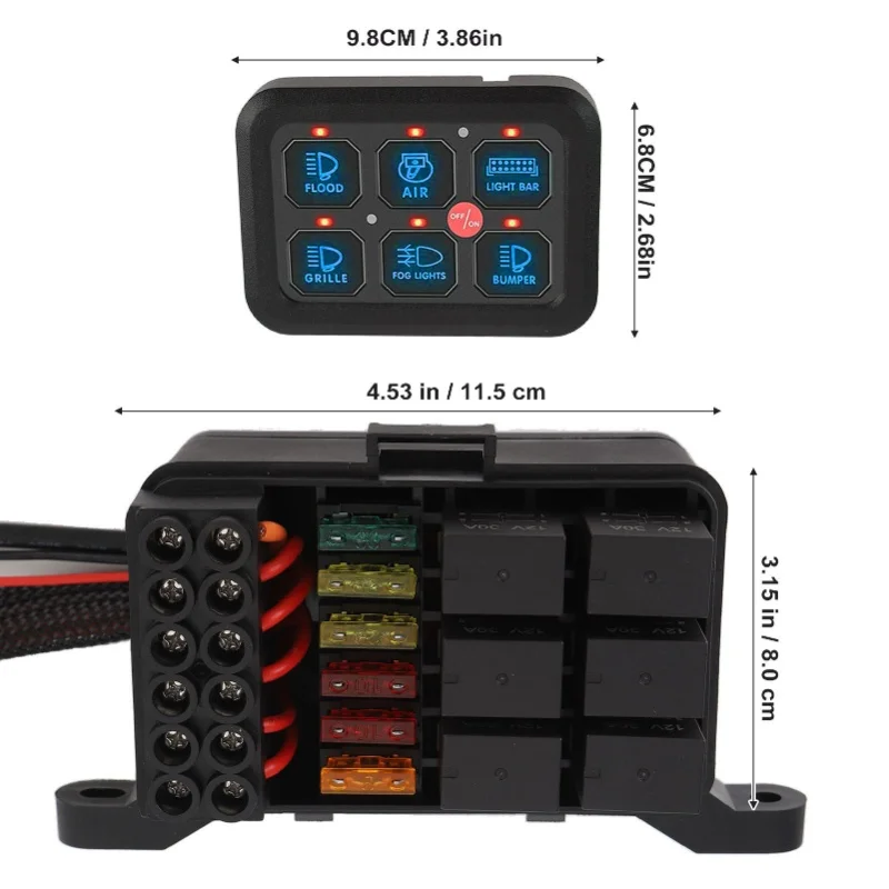 6 Gang 12V Switch Panel Dimmable Aluminum Shell 720W 60A LED Light Bar Circuit Control Box For Car Truck Boat UTV ATV Blue Light