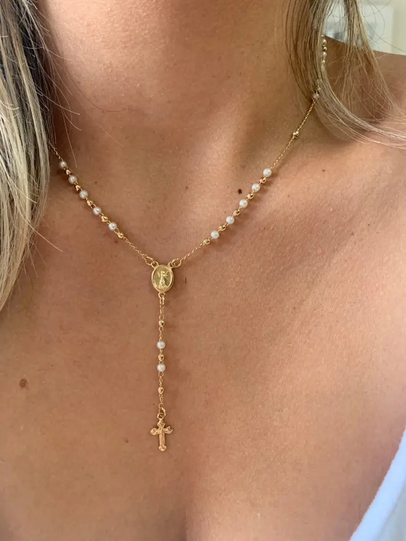 Pearl Rosary Necklace, Gold Rosary Necklaces ,Catholic Jewelry Plain Cross Confirmation Anniversary Gift, Miraculous