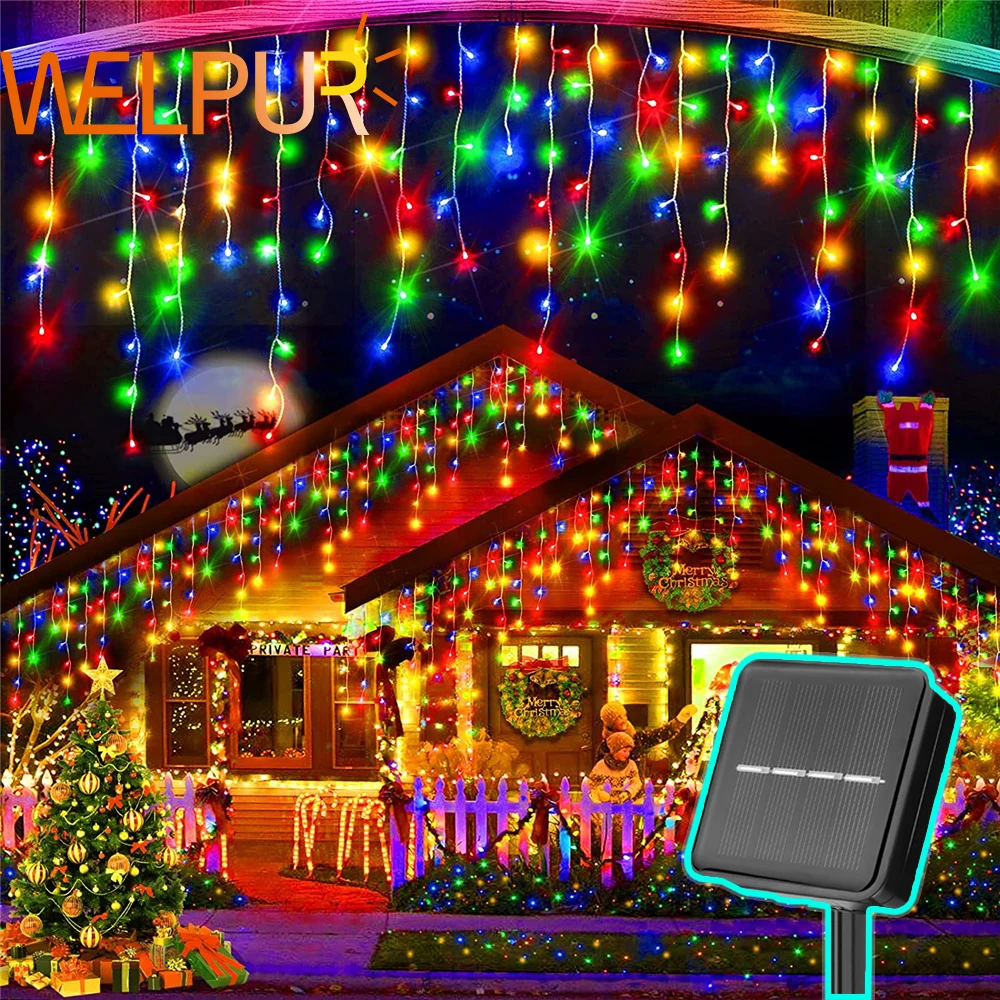 Solar Street Garden Decoration Garland Solar Curtain Icicle Light Zewnętrzne łańcuchy świetlne LED 3.5M/7.5M Wodoodporna kurtyna świetlna