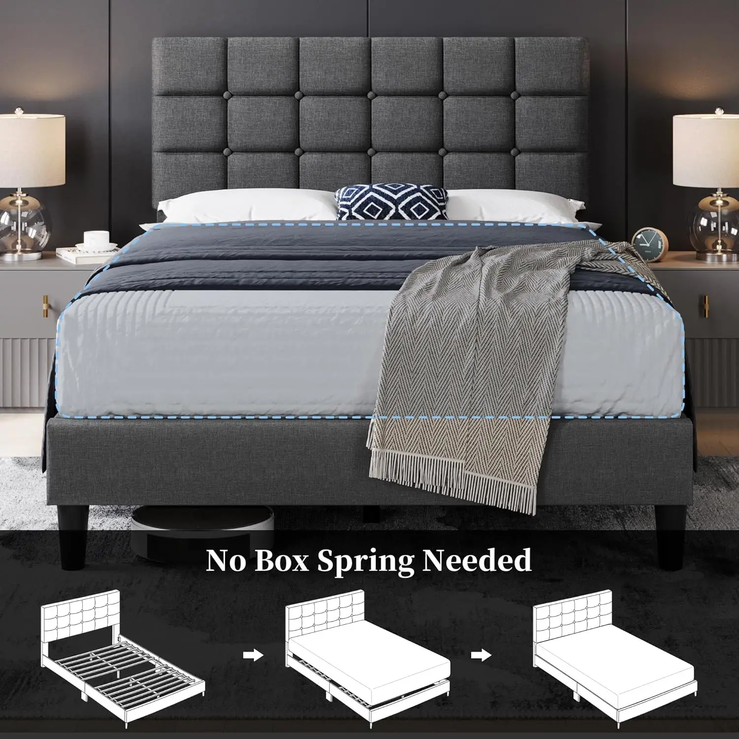 Square Stitched&Button Tufting Headboard Height Adjustable, Wooden Slats Support, No Box Spring Needed, Full Size, Dark Gray