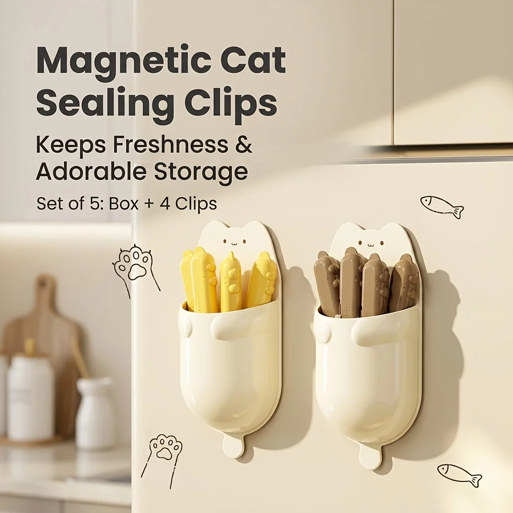 Cute Cat Magnetic Sealing Clip Set, 5-Piece Set (4 Clips and 1 Storage Box), Reusable Food Bag Clip for Kitchen Food Storage