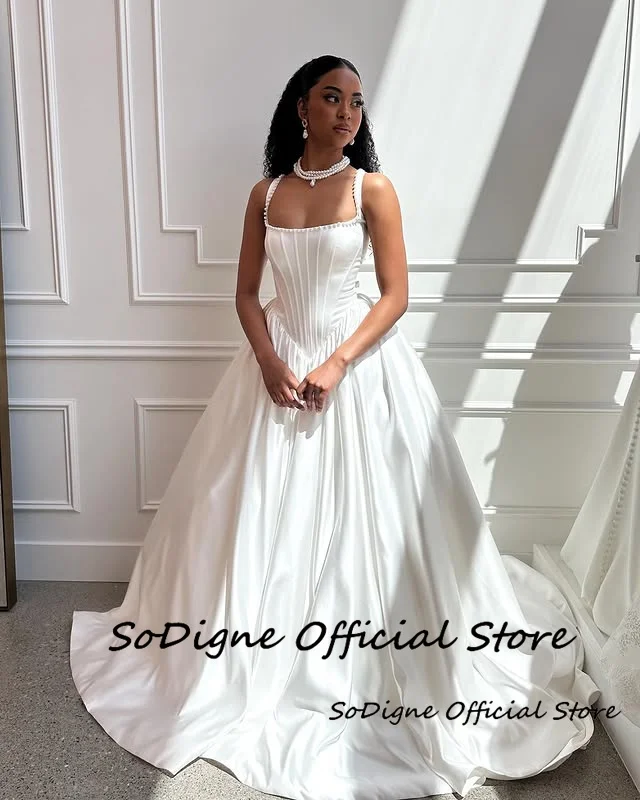 SoDigne A-line Satin Simple Wedding Dress Sleeveless Pearls Bride Dresses Long Bridal Gowns vestidos de novia Customized - Image 3