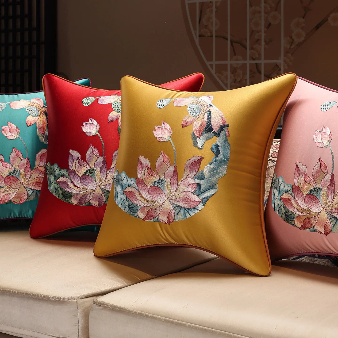 Lotus Embroidery Pillows Luxury Satin Pink Cushion Case Art Chinese Decorative Pillow Cover For Sofa Chair Home Decorations