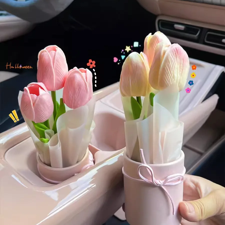 Tulip Cup Car Decor for Women - Floral Dashboard Ornament,Universal Fit  Feminine Car Interior Accessories with Aesthetic Design