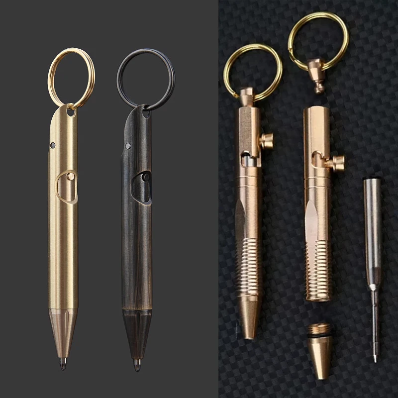 Vintage Mini Brass Press Pen Portable Keychain Pocket Pen Portable Travel Business Signature Pen Decompression Ballpoint Pen